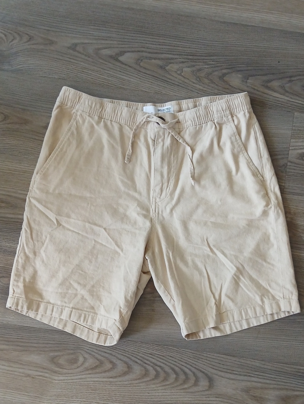Selected Homme Light Beige Linen Cotton Blend  Drawstring Casual Shorts Sz Large